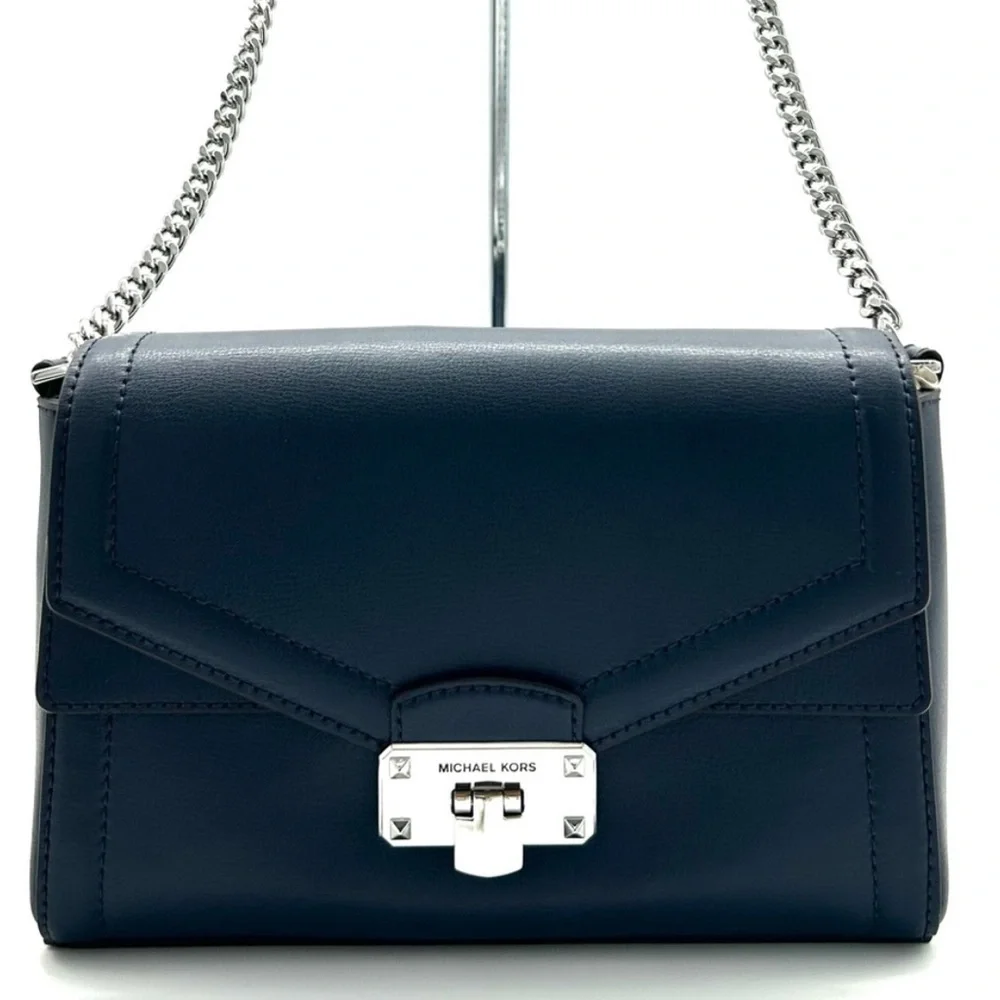 Michael Kors Kinsley leather Medium shoulder Flap Crossbody Bag Navy Blue